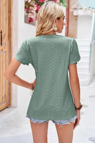 Eyelet V-Neck Petal Sleeve T-Shirt Women's T-Shirts - Tophatter Daily Deals